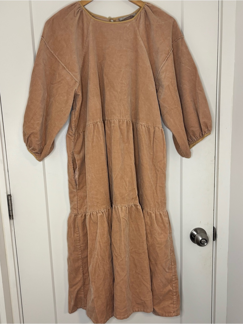 Everlane Peach Corduroy Tiered Midi Dress Cottagecore Boho Puff Sleeve